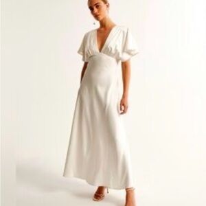 Abercrombie & Fitch Satin Flutter Sleeve Ivory Maxi Dress